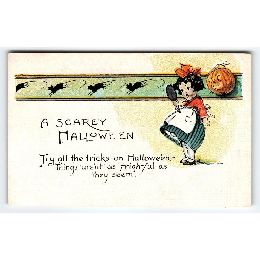 Vintage 1910s Halloween Postcard A Scarey Halloween Lithograph Black Cats JOL